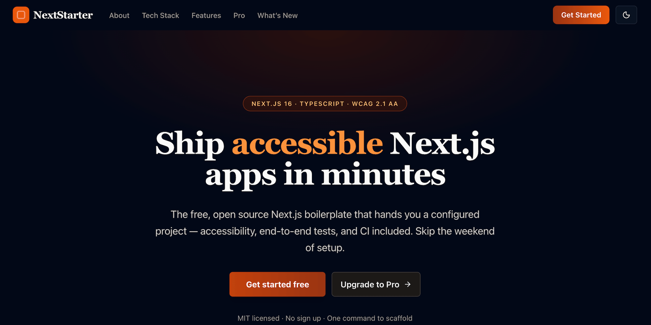 The NextStarter home page: the headline “Ship accessible Next.js apps in minutes” on a dark background, with buttons to get started free or upgrade to Pro.